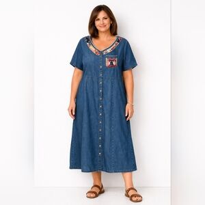 Vintage Denim Dress Women's 2X Plus Size Maxi Patriotic Americana Fourth Of July